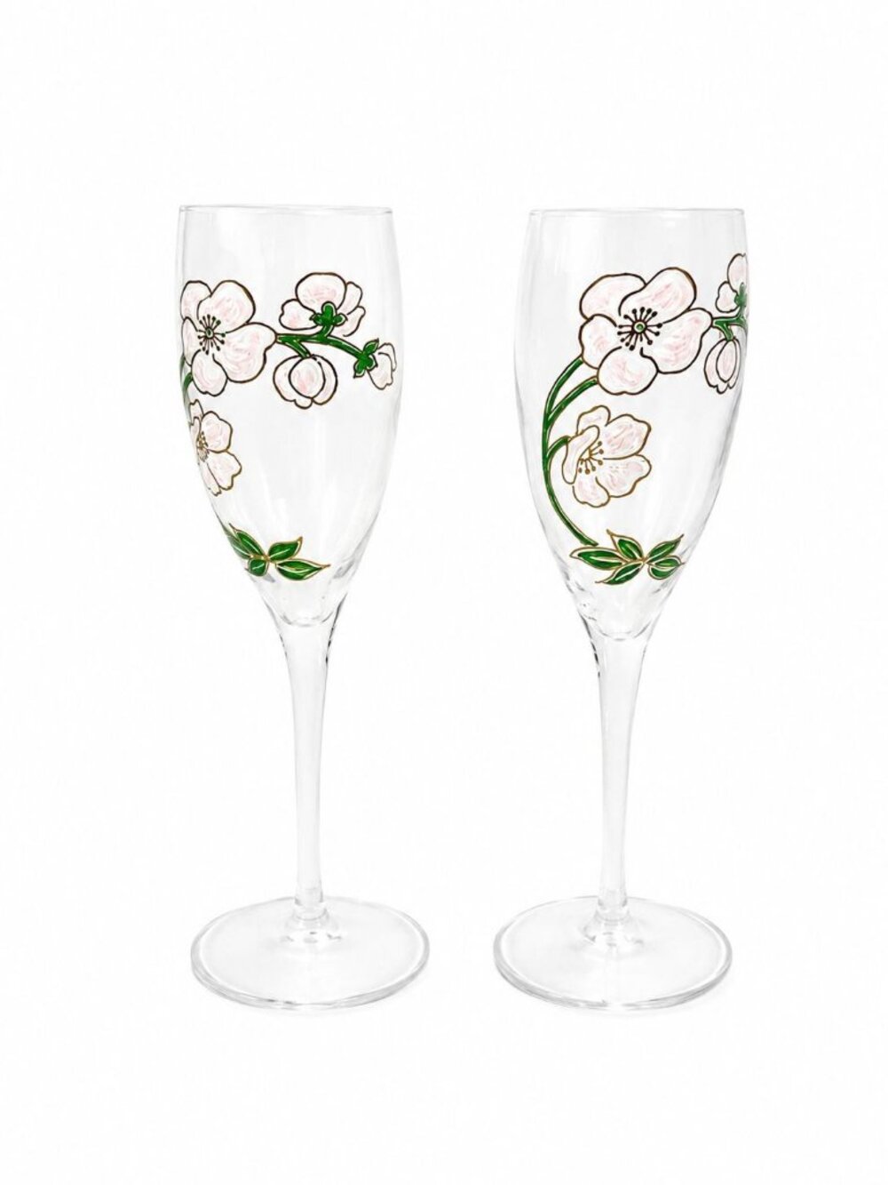 Crystal Champagne Flutes Set 2 Perrier Jouet Belle Epoque France  Hand-Painted 7